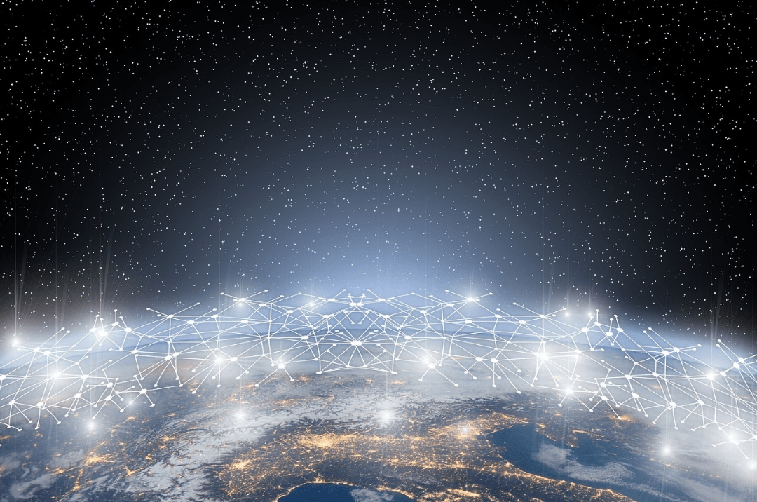 An illustration of the earth from space, featuring glowing connected networks