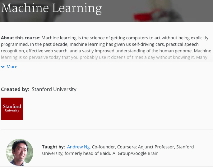 Free machine learning course by Andrew Ng
