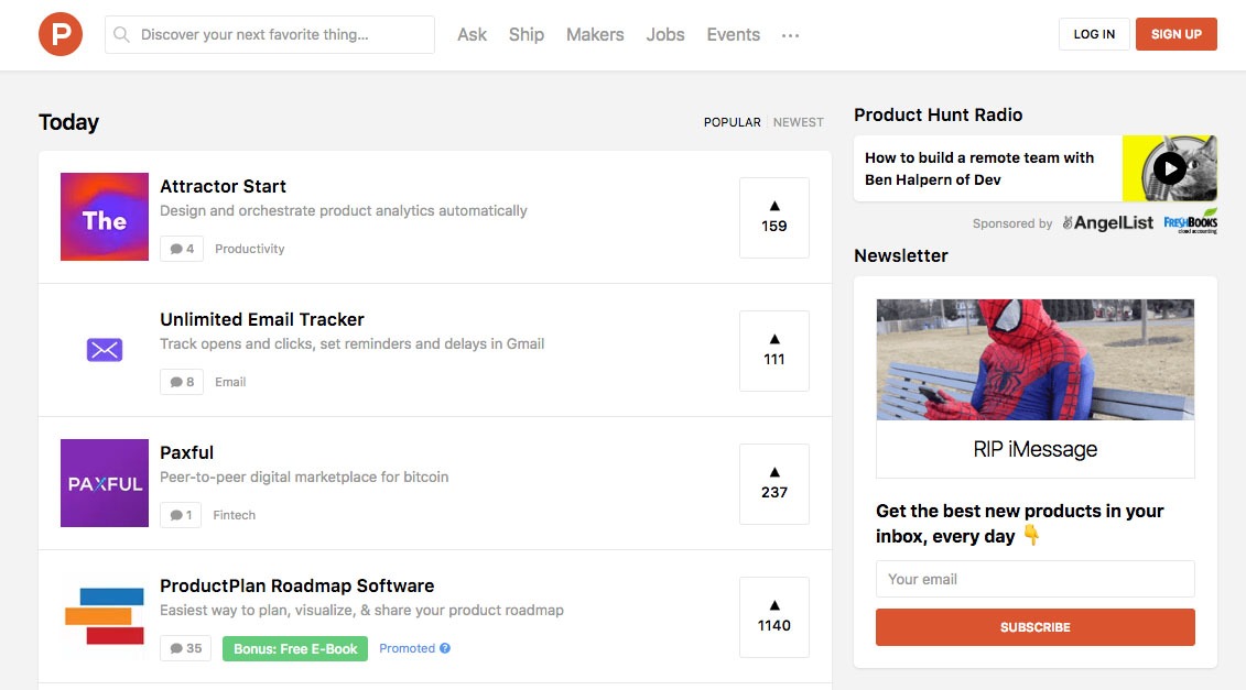 Startups Page on ProductHunt