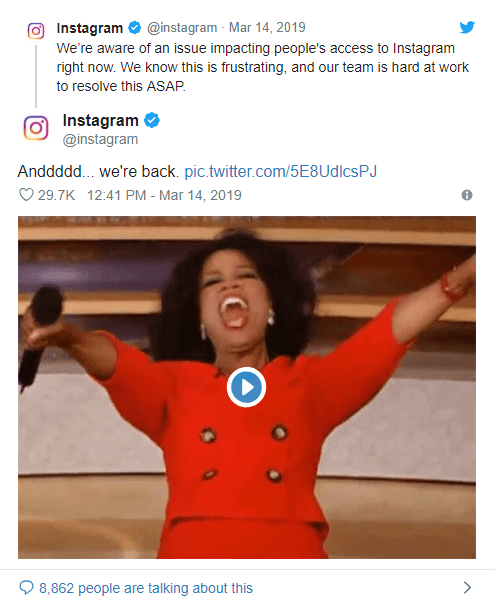 Instagram post showing Oprah celebrating "Annnd we're back"